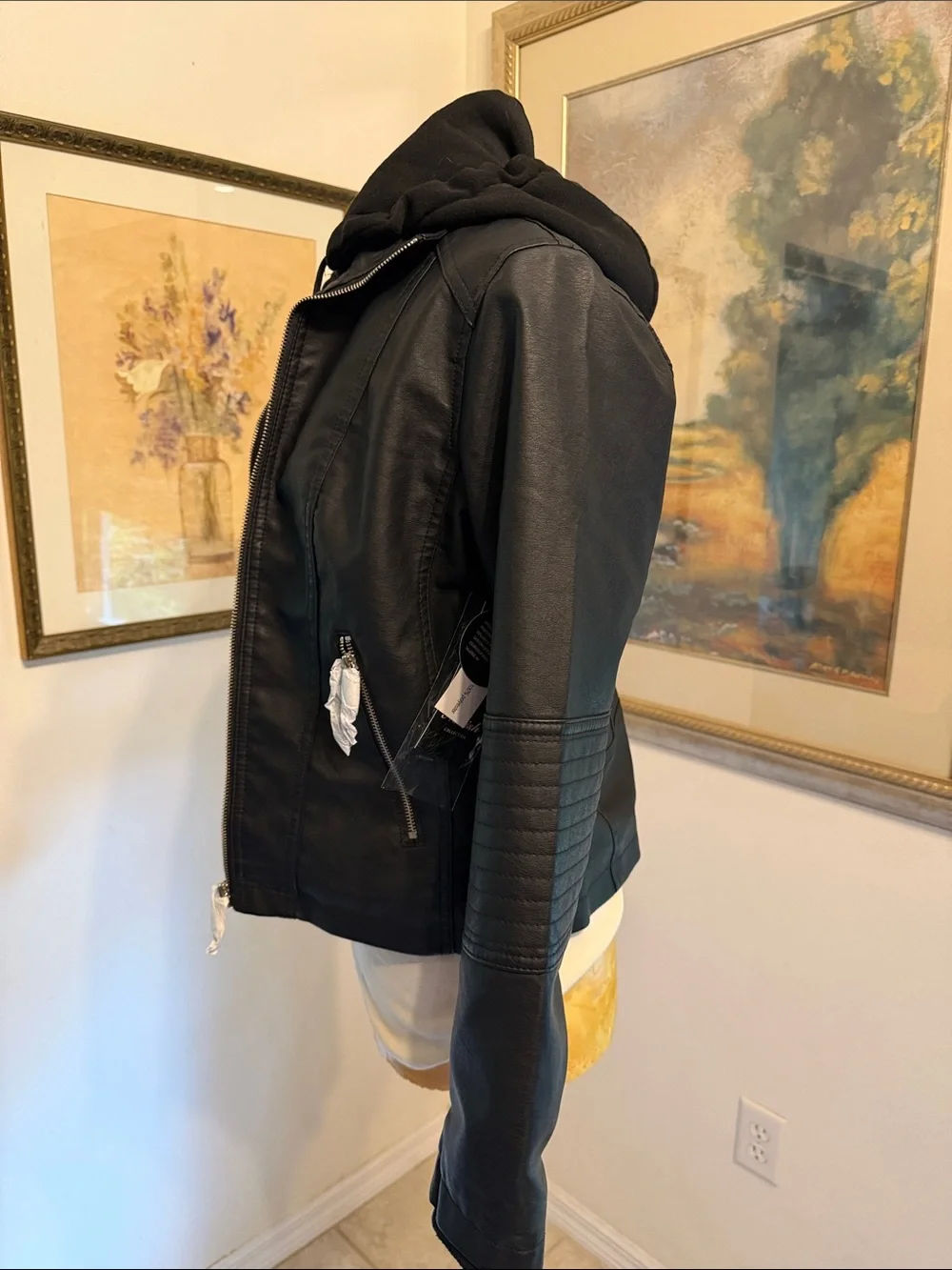 NWT Novish Collection Black Faux Leather Zip Jacket with Hoodie Layer Size MP